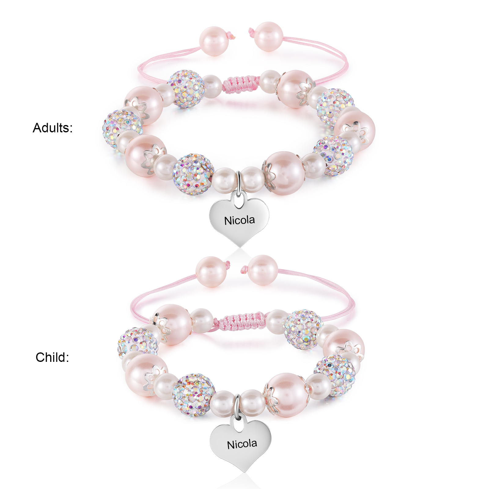 Unidad de 2 pulseras de perlas para mamá e hija con dije personalizado de 2 nombres
