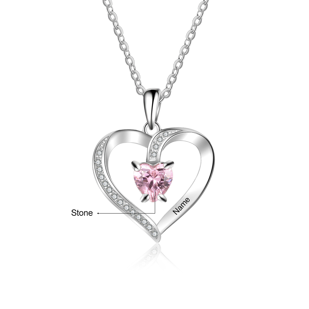 Collar para mujer de corazón con 1 nombre y 1 piedra de nacimiento personalizados | Jessemade