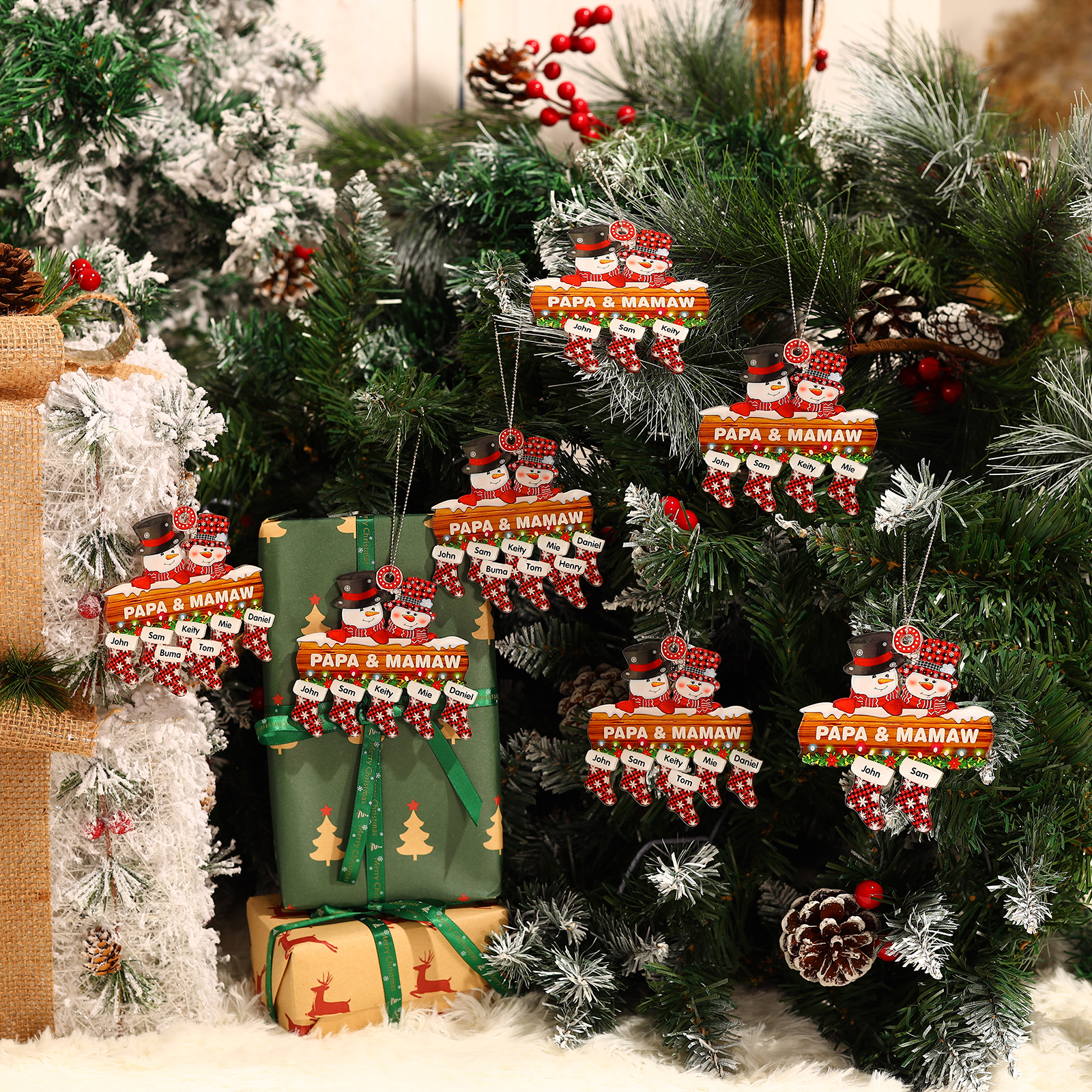 Navidad-Ornamentos Navideños de Acrílico Muñecos de Nieve 2 Nombres con Texto Personalizados