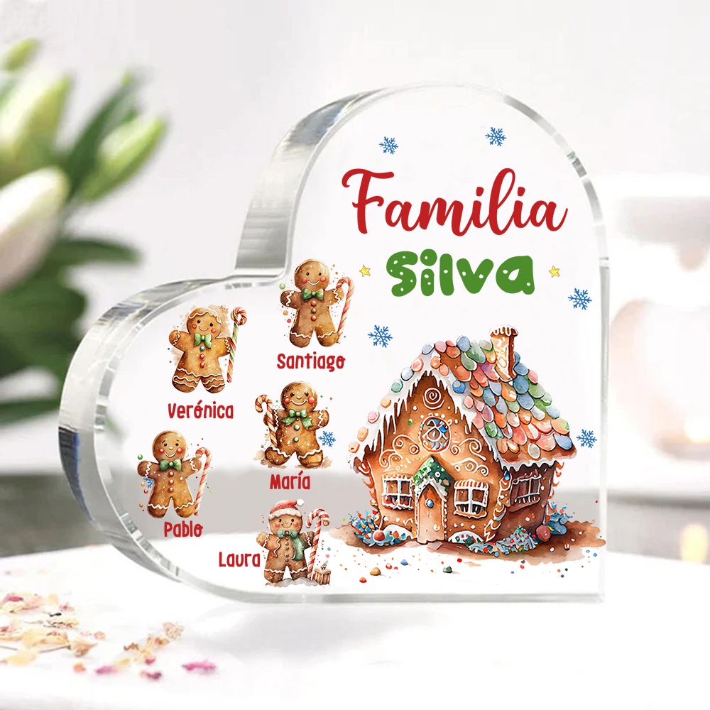 Navidad - Placa de acrílico en forma de corazón jengibres y su casa con 5 nombres y 1 texto personalizados-Jessemade ES