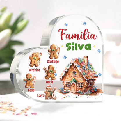 Navidad - Placa de acrílico en forma de corazón jengibres y su casa con 5 nombres y 1 texto personalizados-Jessemade ES