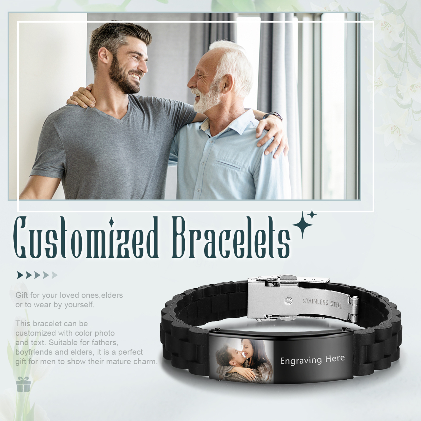 Pulsera personalizada con 1 texto y 1 foto para hombre-Jessemade ES