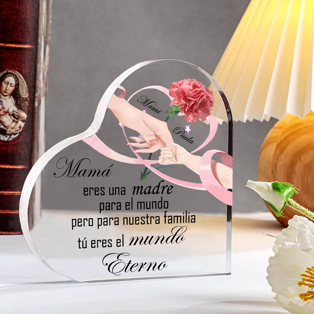 A mi mamá-Placa de acrílico en forma de corazón manos cogidas y frases amorosos 2 nombres personalizados-Jessemade ES
