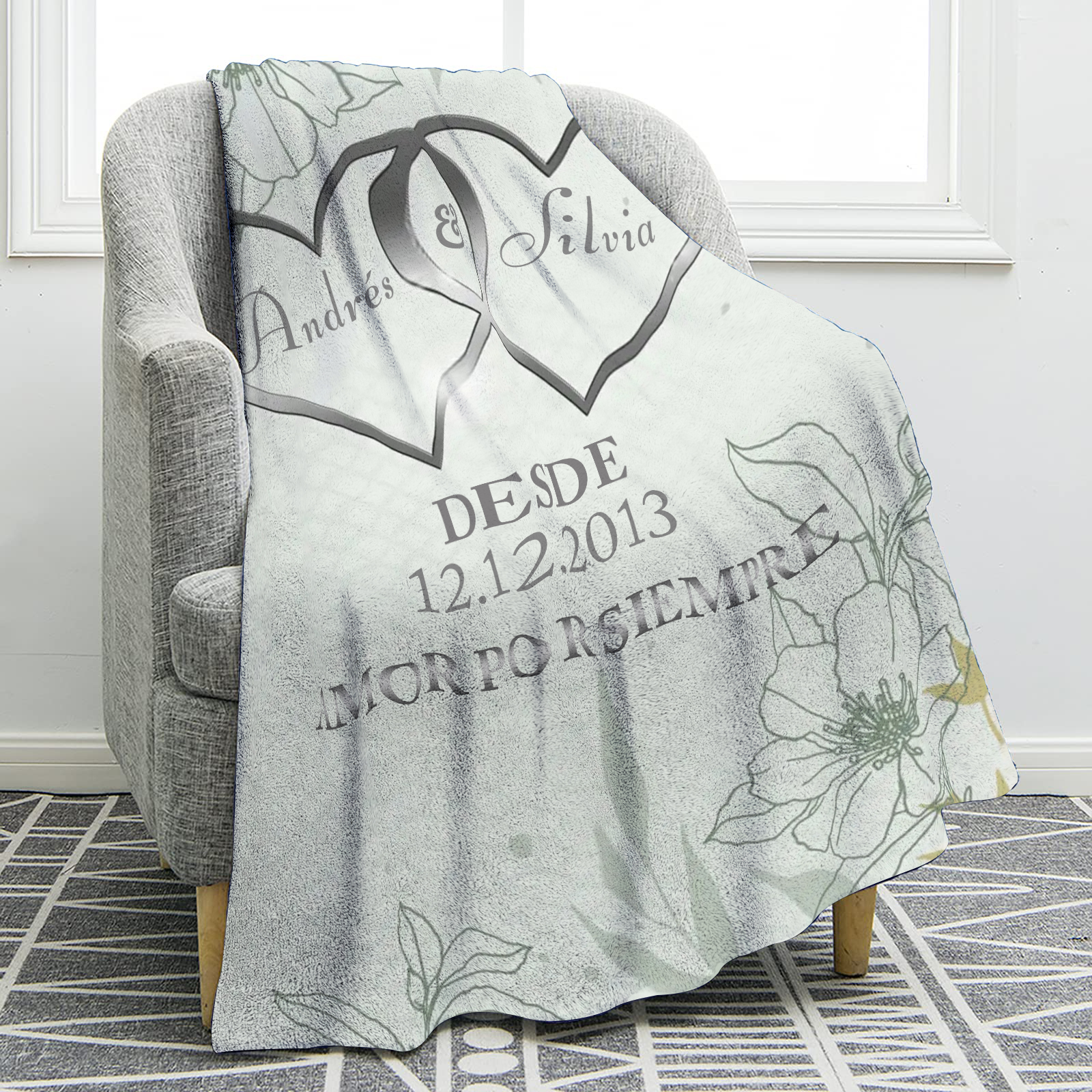 Pareja-Manta de buen calidad de corazones conectados personalizada con nombres, texto y fecha 4 colores-Jessemade ES