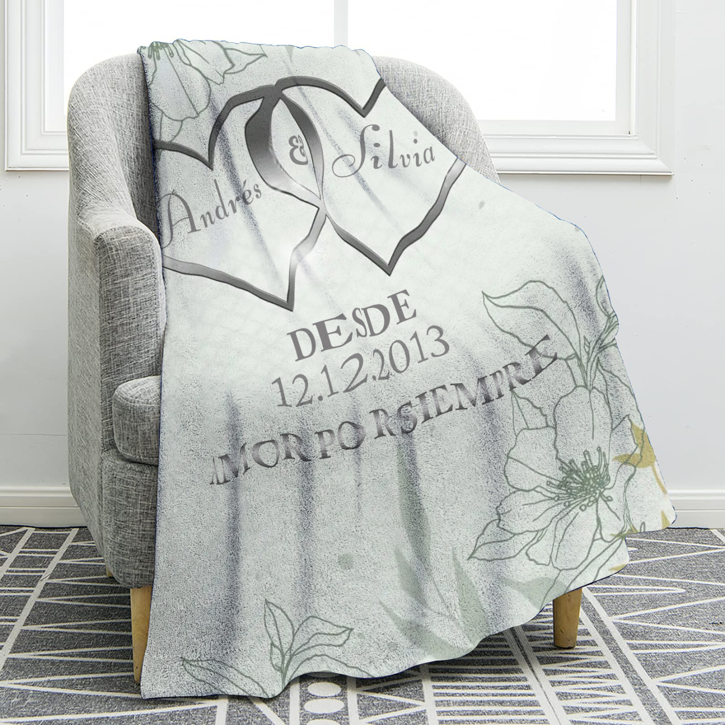 Pareja-Manta de buen calidad de corazones conectados personalizada con nombres, texto y fecha 4 colores-Jessemade ES