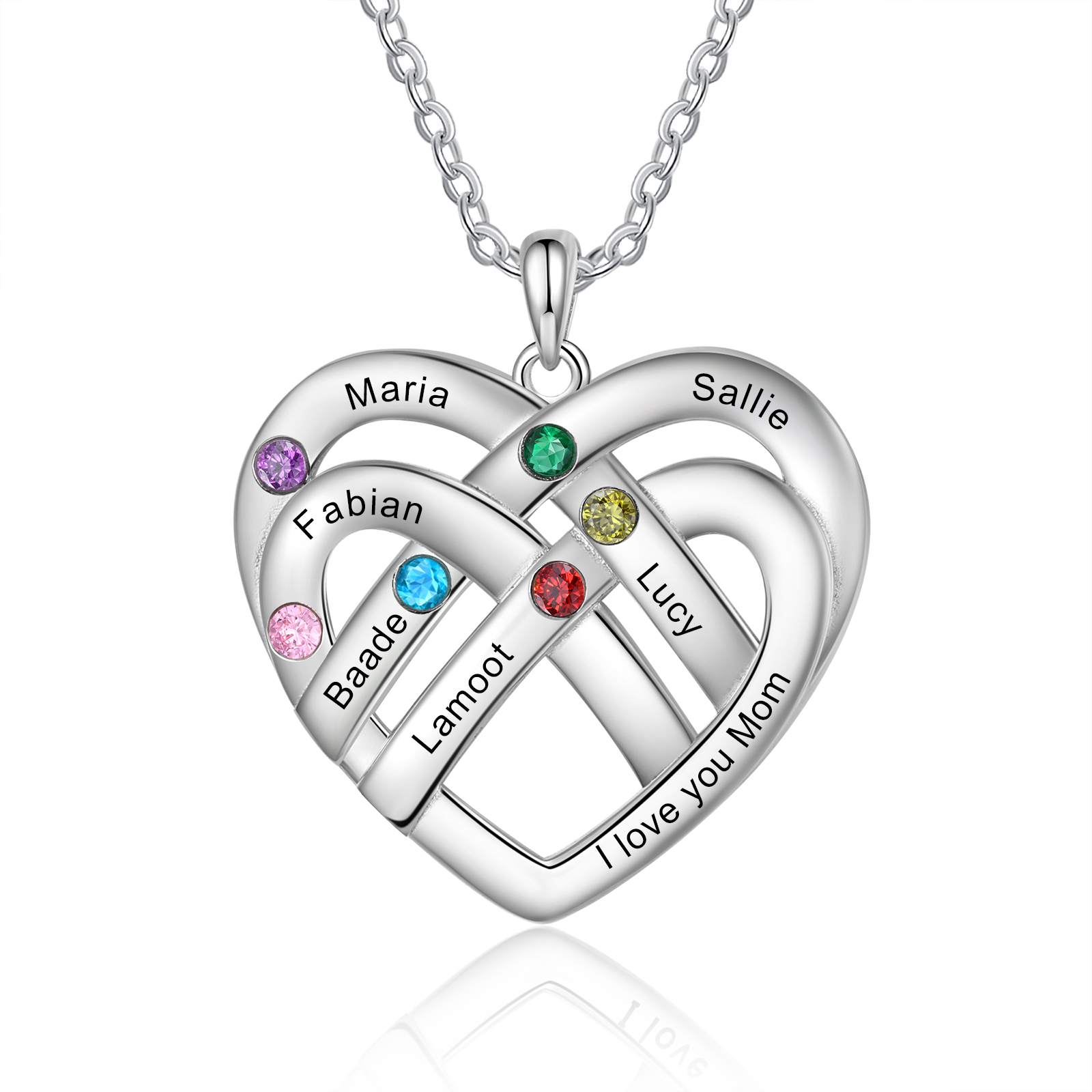 Collar de corazón con 6 nombres y piedras de nacimiento personalizados con texto-Jessemade ES