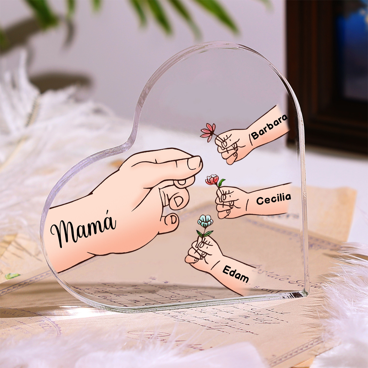 A mi mamá/abuela-Placa de acrílico en forma de corazón mano y manitos 1-8 nombres y 1 texto personalizados-Jessemade ES