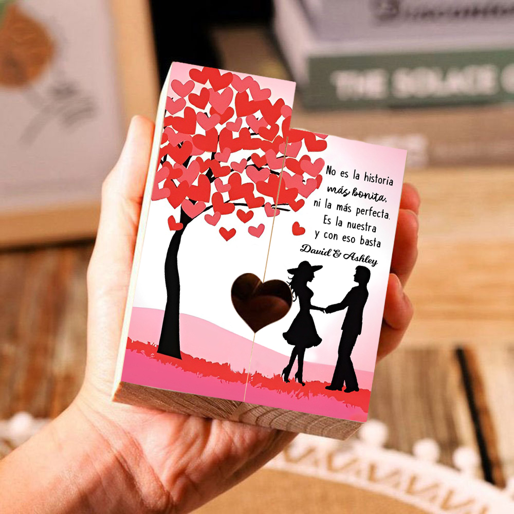 Candelero de siluetas de pareja de madera de dos piezas sin candela con 1 texto personalizado-Jessemade ES