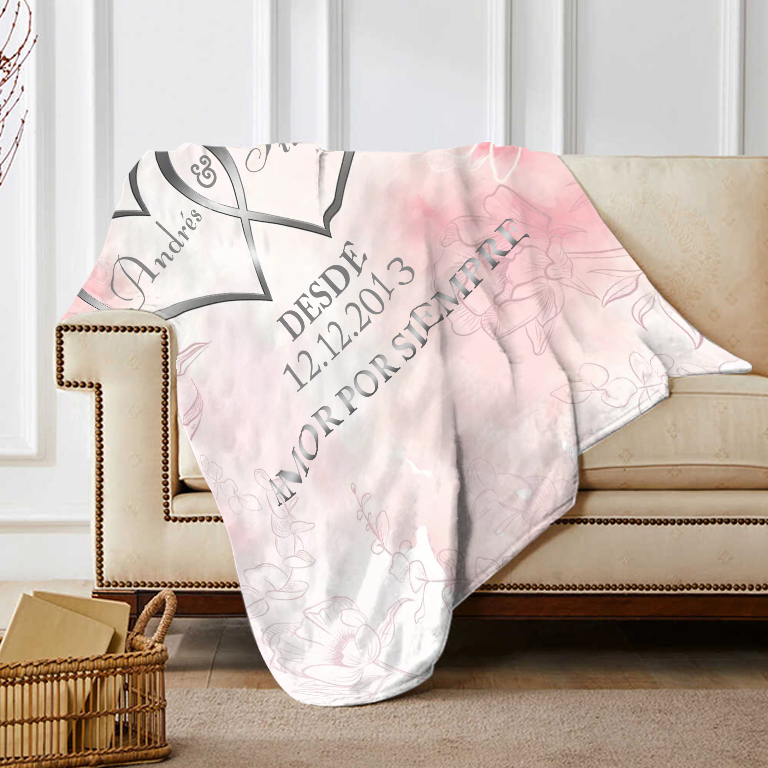 Pareja-Manta de buen calidad de corazones conectados personalizada con nombres, texto y fecha 4 colores-Jessemade ES