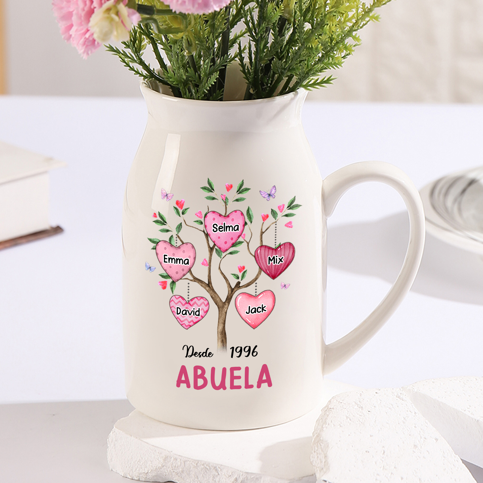 Florero de cerámica árbol de corazones 2-8 nombres personalizados con texto y año decoración del hogar-Jessemade ES
