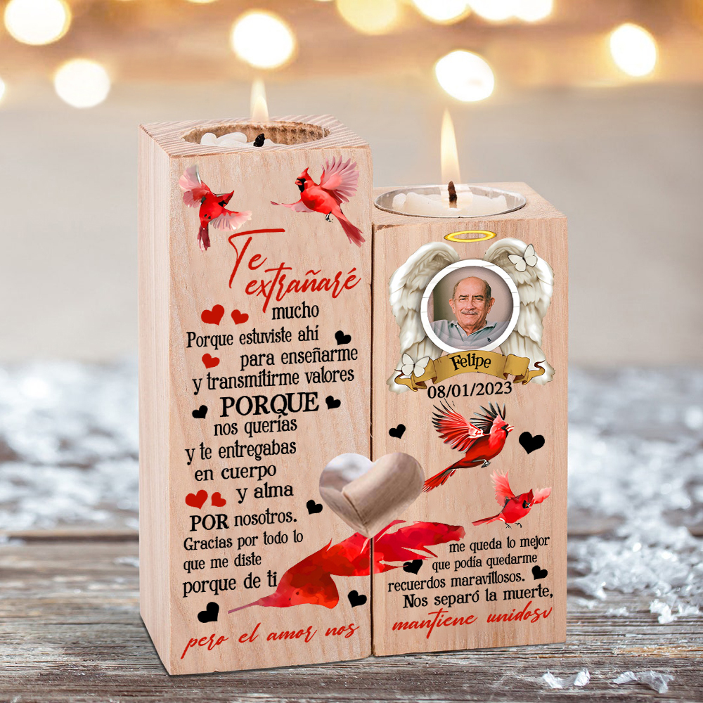 Candelero de dos piezas en memoria de ser querido de madera nombre, foto y año personalizados sin vela-Jessemade ES