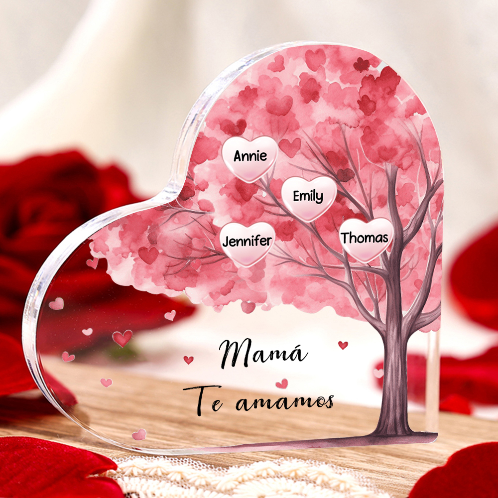 A mi mamá/abuela-Placa de acrílico "Árbol" en forma de corazón 4 nombres y 1 texto personalizados-Jessemade ES