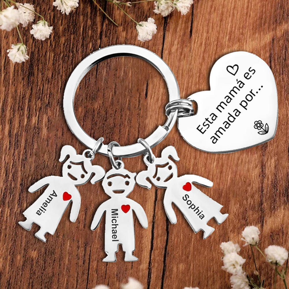 A mi mamá - Kit de regalo de cartera, llavero con "3 niños", tarjeta y caja nombre y flor de nacimiento personalizados | Jessemade