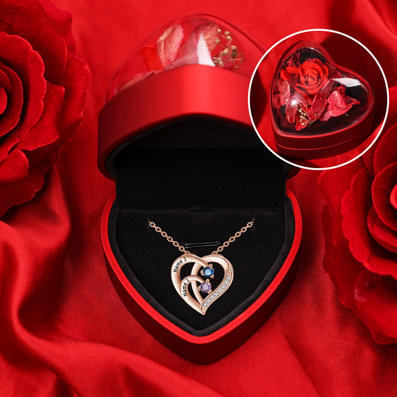 Collar de corazón de plata 925 con 2 nombres y 2 piedras de nacimiento personalizados-Jessemade ES