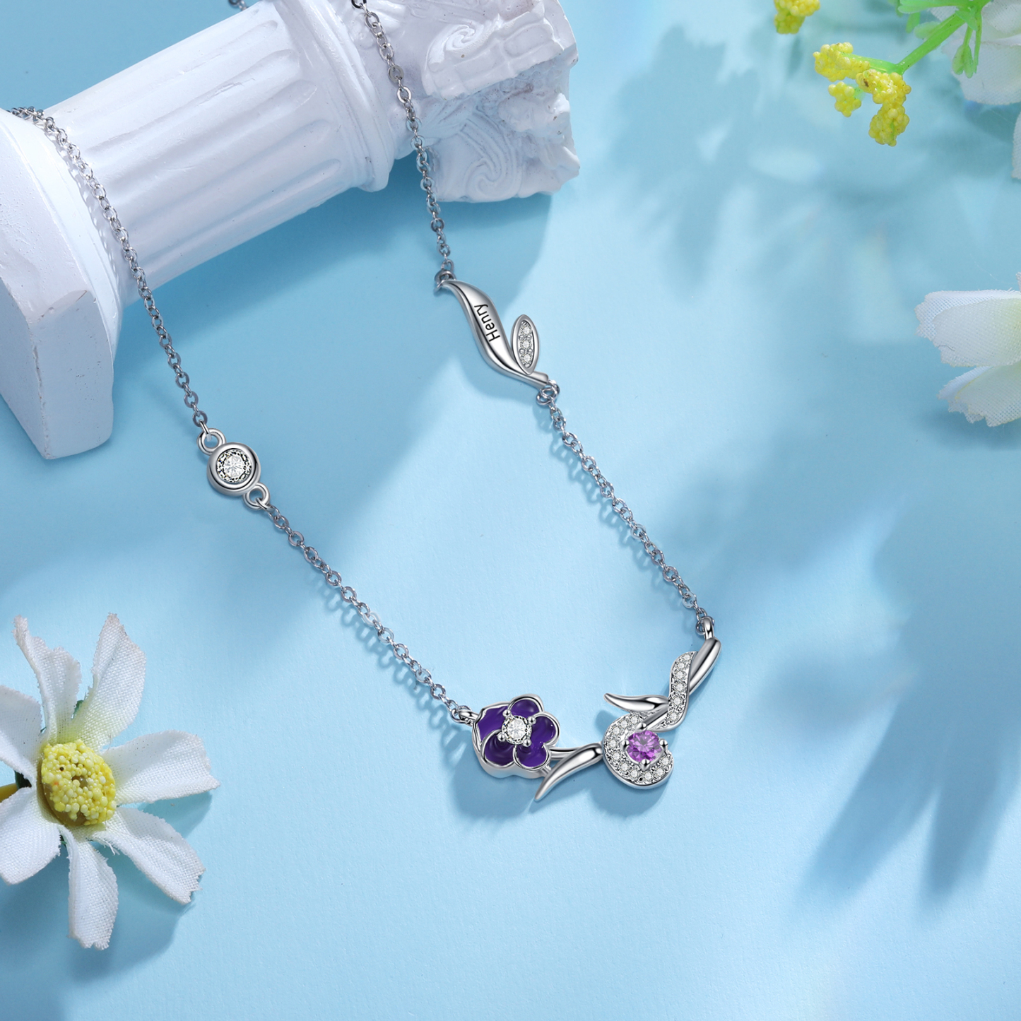 Collar de flor de febrero violeta con nombre personalizado y piedra de nacimiento-Jessemade ES