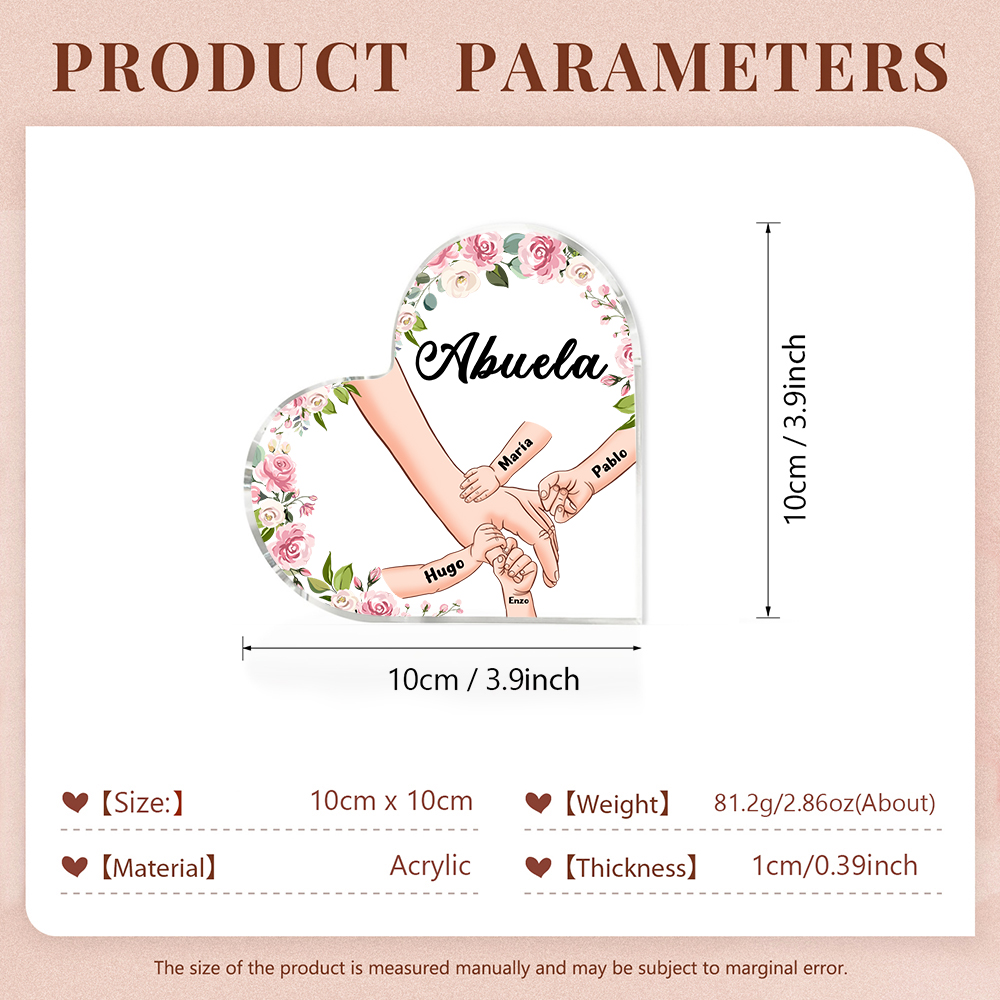 A mi mamá/abuela-Placa de acrílico en forma de corazón mano a mano con 1 texto y 4 nombres personalizados | Jessemade