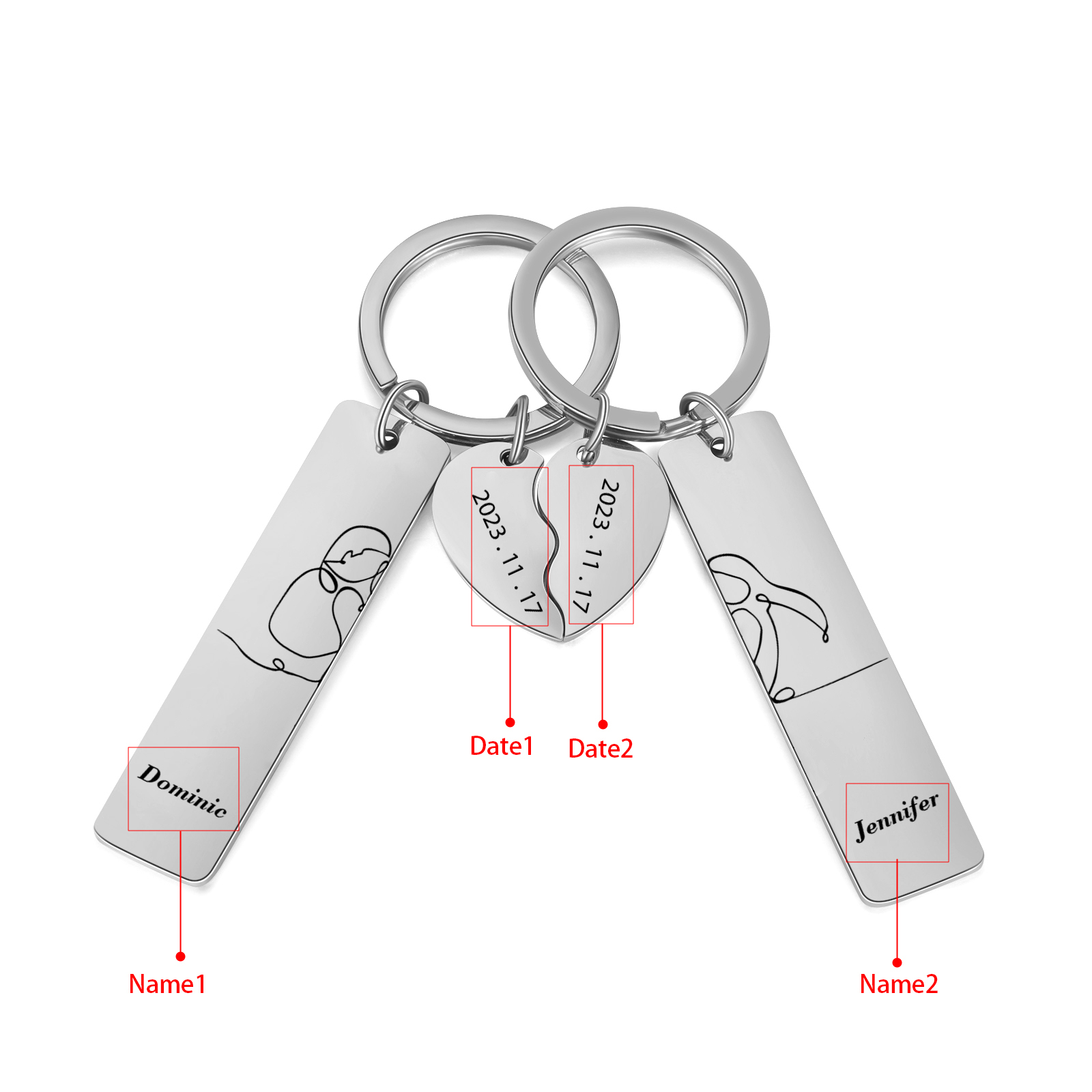 Llavero para pareja siluetas 2 nombres personalizados con fecha dije de medio corazón-Jessemade ES