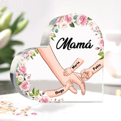 A mi mamá/abuela-Placa de acrílico en forma de corazón mano a mano con 1 texto y 3 nombres personalizados | Jessemade