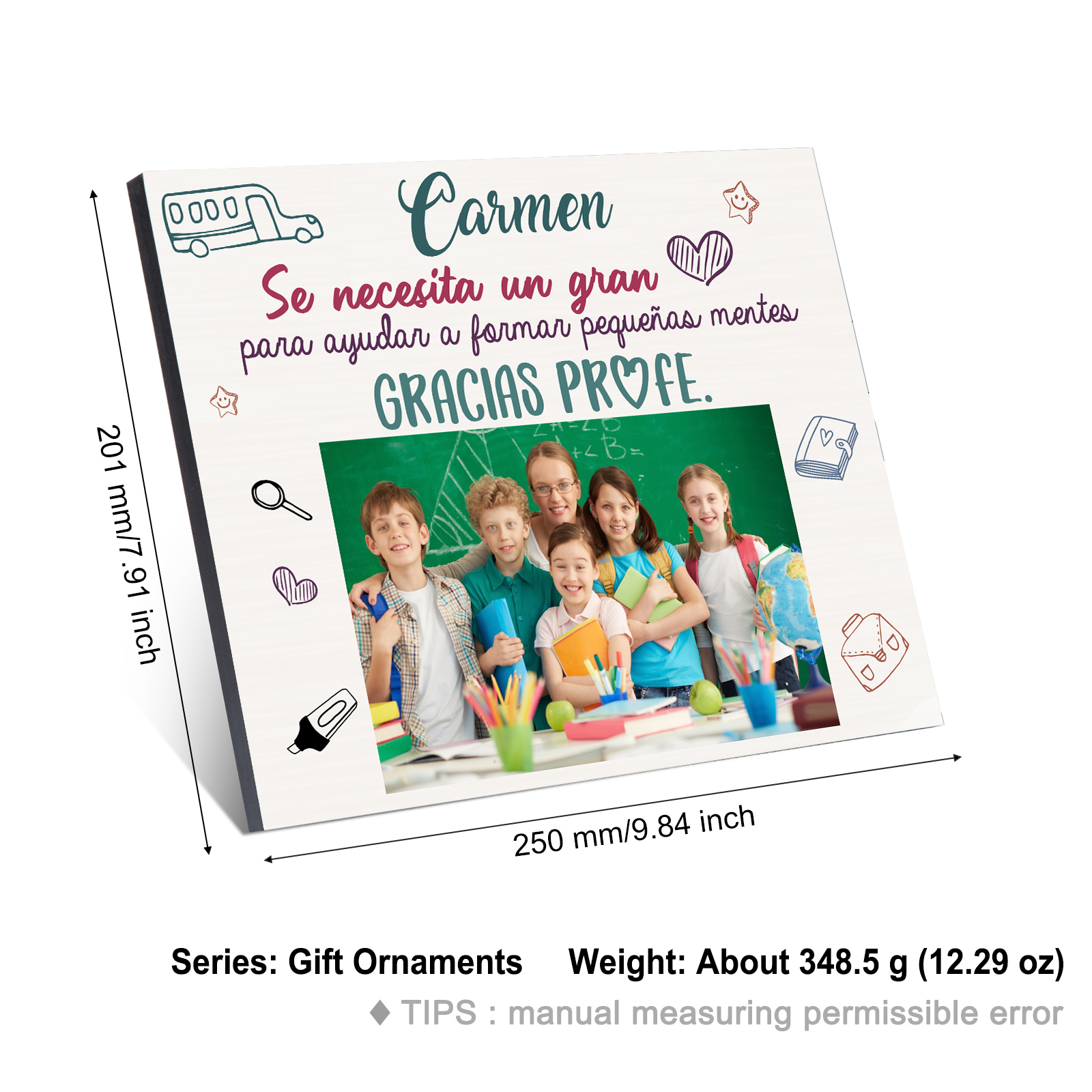 A mi profe-Lámina marco de madera Gracias Profe de 1 foto y 1 nombre-Jessemade ES