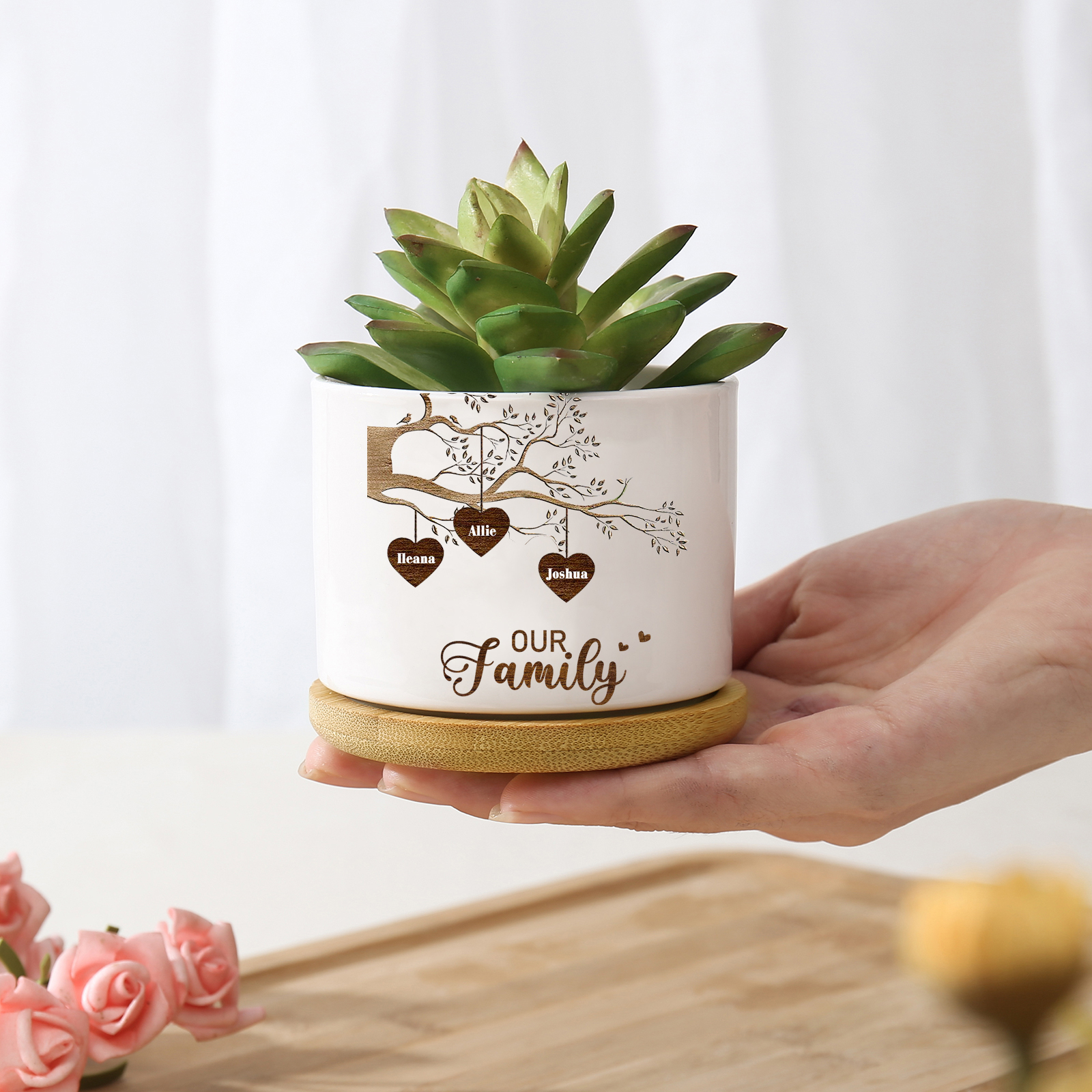 Florero con base de cerámica árbol de corazones 2-8 nombres personalizados con texto decoración del hogar-Jessemade ES