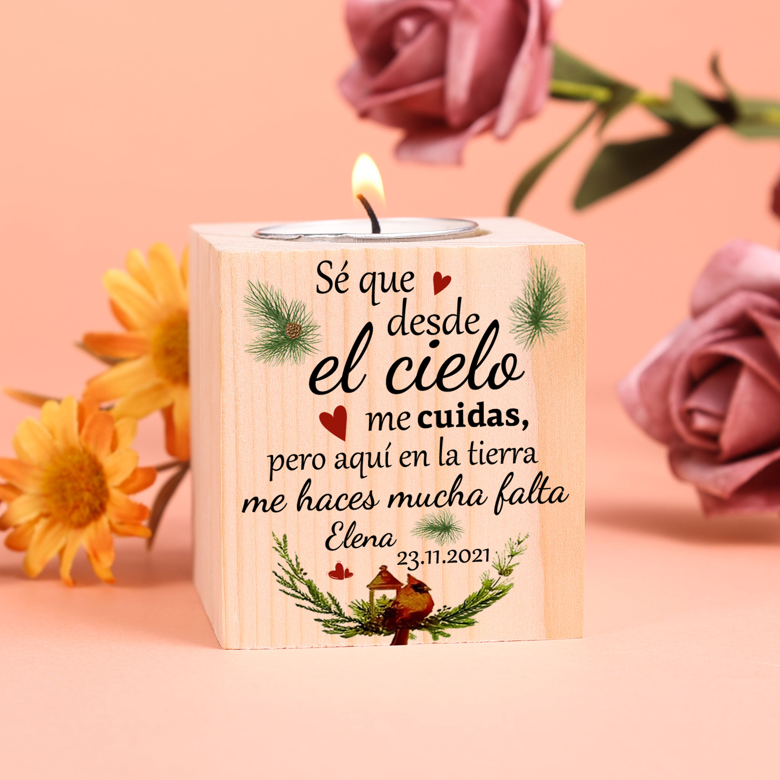 Navidad en el paraíso-Candelero en memoria de ser querido personalizado con nombre y fecha de madera sin vela-Jessemade ES