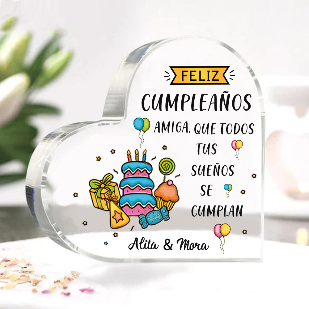 Cumpleaños-Placa de acrílico en forma de corazón para amiga con 2 nombres personalizados-Jessemade ES