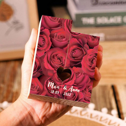 Candelero de rosas para pareja de madera de dos piezas sin candela con nombres personalizados y fecha-Jessemade ES