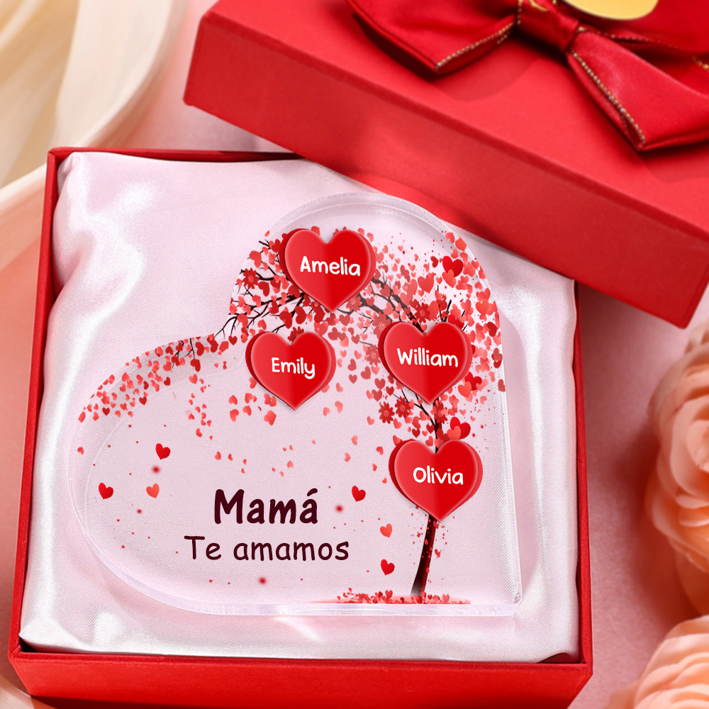 A mi mamá/abuela-Placa de acrílico "Corazones" en forma de corazón 4 nombres y 1 texto personalizados-Jessemade ES