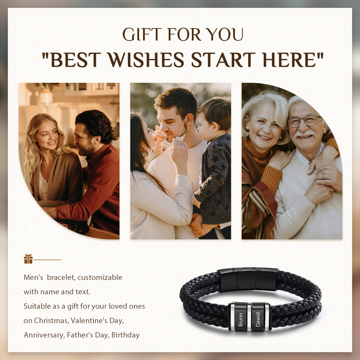 Pulsera de cuero trenzado con 1-5 nombres personalizados para hombre-Jessemade ES