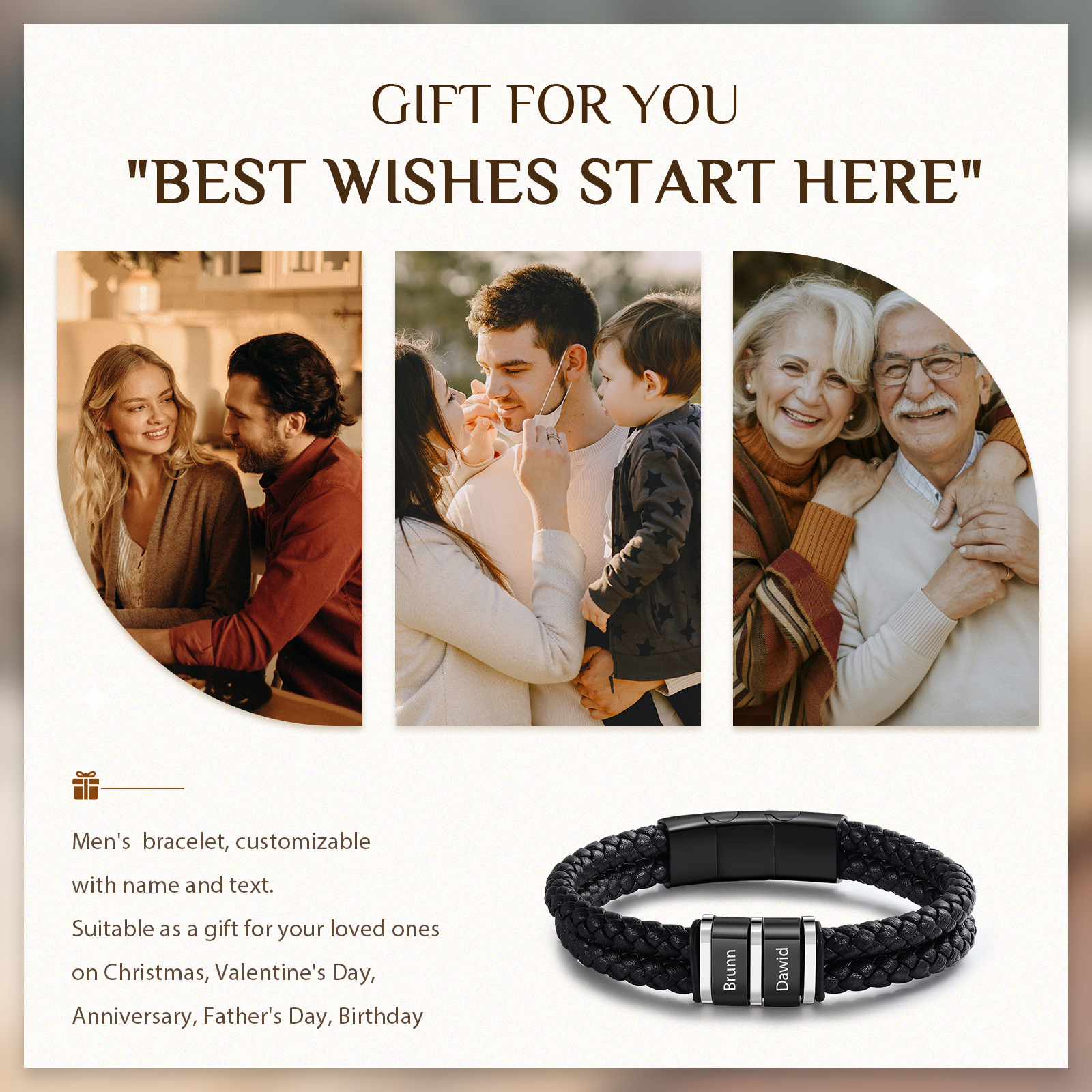Pulsera de cuero trenzado con 1-5 nombres personalizados para hombre-Jessemade ES