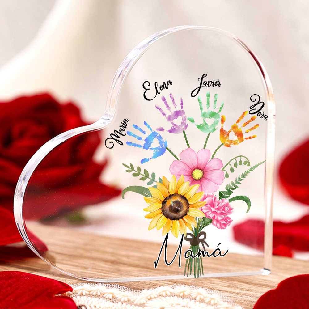 A mi mamá-Placa de acrílico en forma de corazón flor y manitas 1-5 nombres personalizados-Jessemade ES