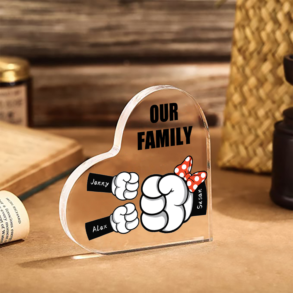 A mi mamá/abuela-Placa de acrílico "Puños" en forma de corazón 3 nombres y 1 texto personalizados-Jessemade ES