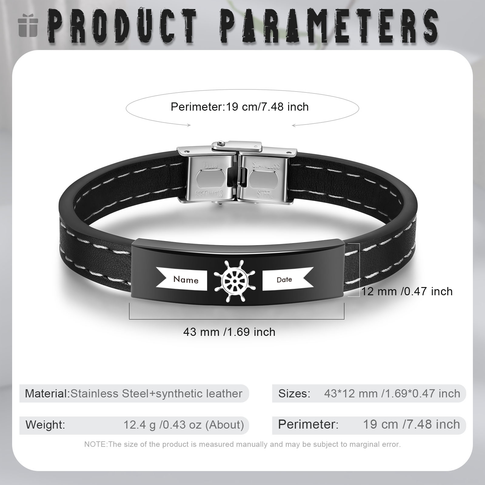 Pulsera de Cuero con Placa de Nombre y Fecha Personalizados -Jessemade ES