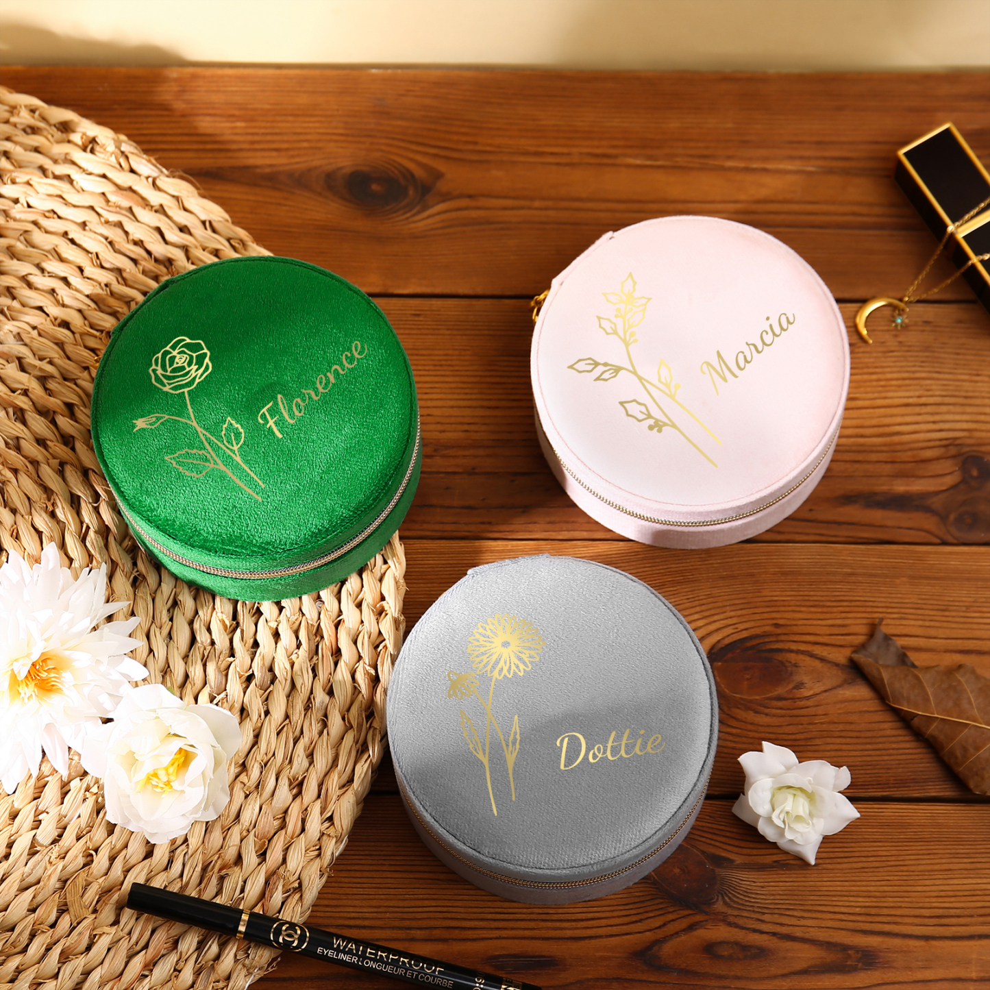 Caja de regalo para joya personalizada con nombre y flor de nacimiento-Jessemade ES