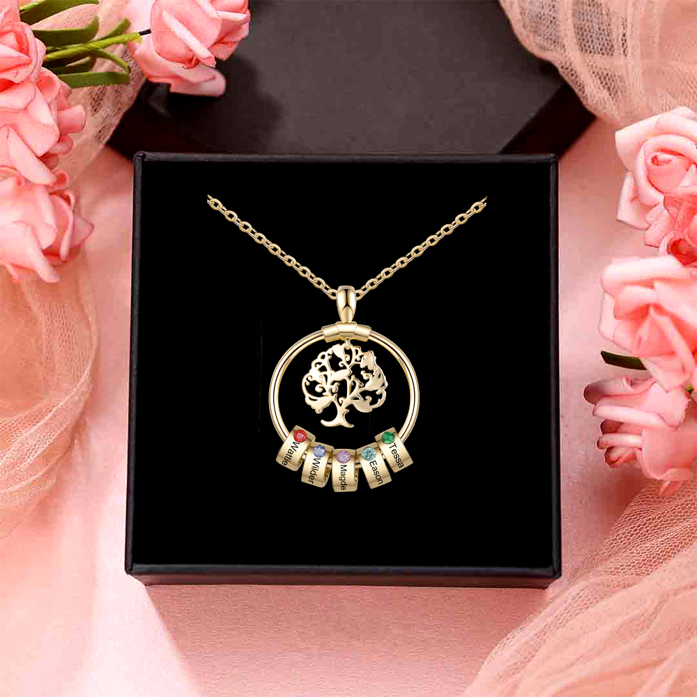 Collar con 1-5 círculos 1-5 piedras de nacimiento y nombres colgante de árbol de la vida oro-Jessemade ES