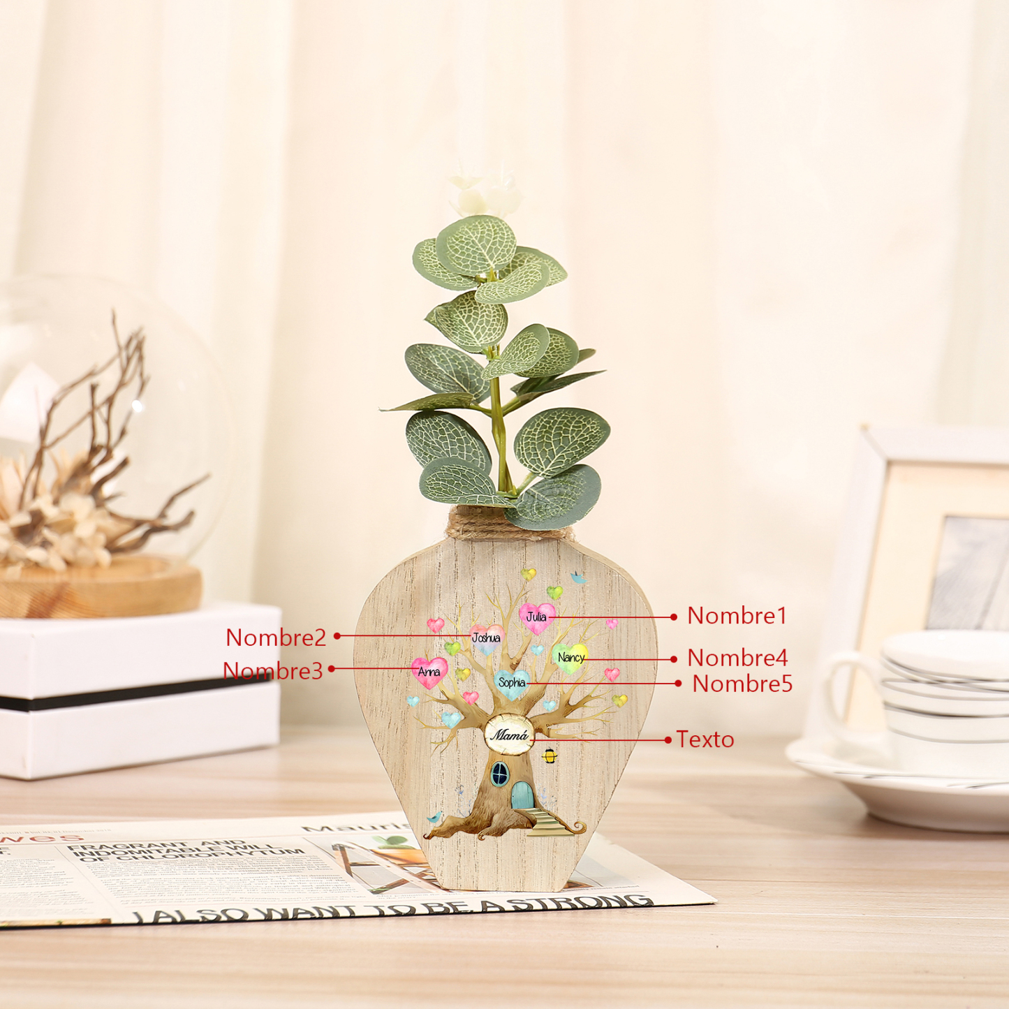 Florero de madera árbol de corazones 5 nombres personalizados con texto decoración del hogar-Jessemade ES
