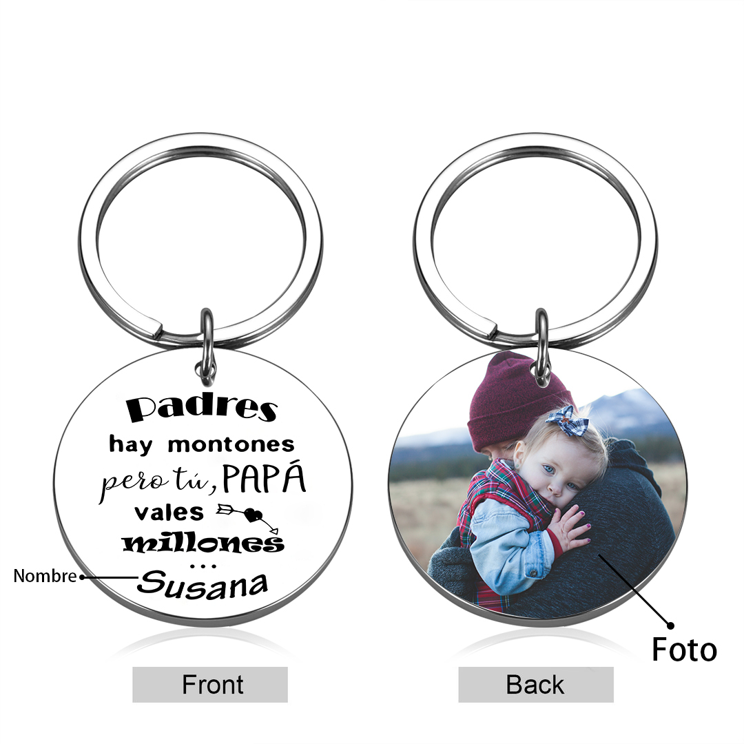 A mi papá-Llavero de placa redonda "papá, vales millones" personalizado con 1 nombre y 1 foto-Jessemade ES