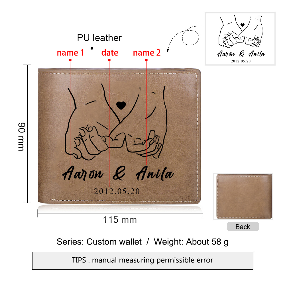 Cartera, billetera dedos cogidos para pareja personalizada con 2 nombres y fecha-Jessemade ES