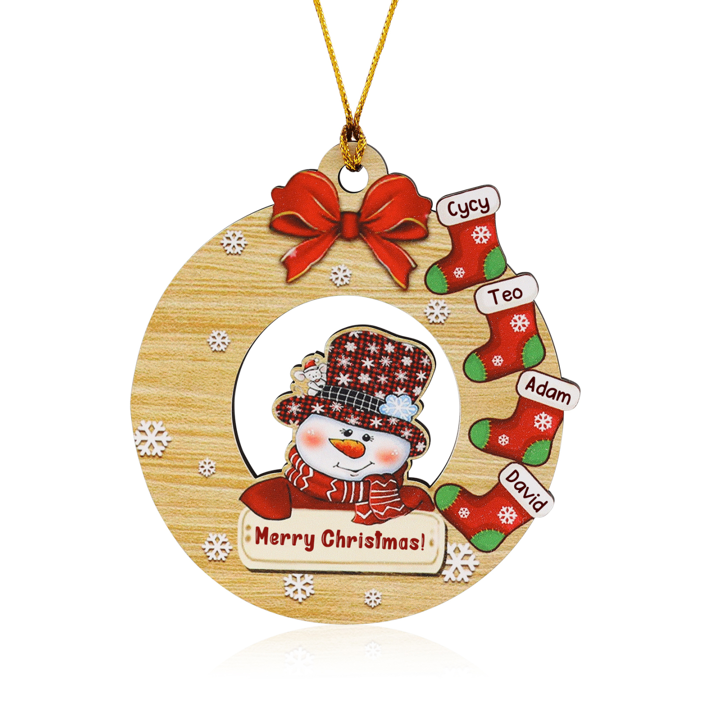 Navidad-Ornamentos Navideños de Madera Muñecos de Nieve y Calcetines 4 Nombres con Texto Personalizados-Jessemade ES