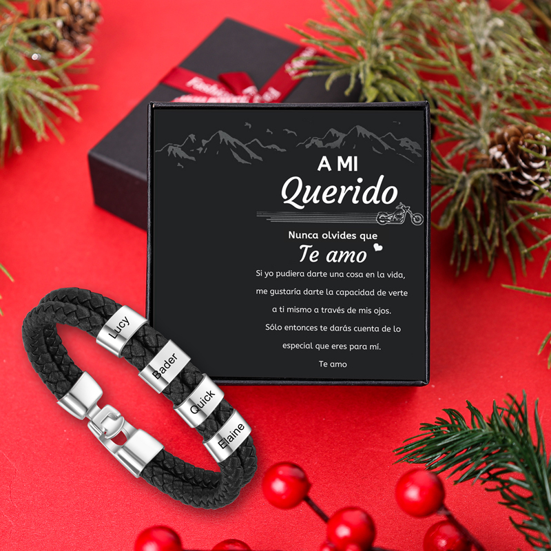A mi querido-Pulsera de cuero trenzado 4 aros con 4 nombres personalizados pulsera de hombre -Jessemade ES