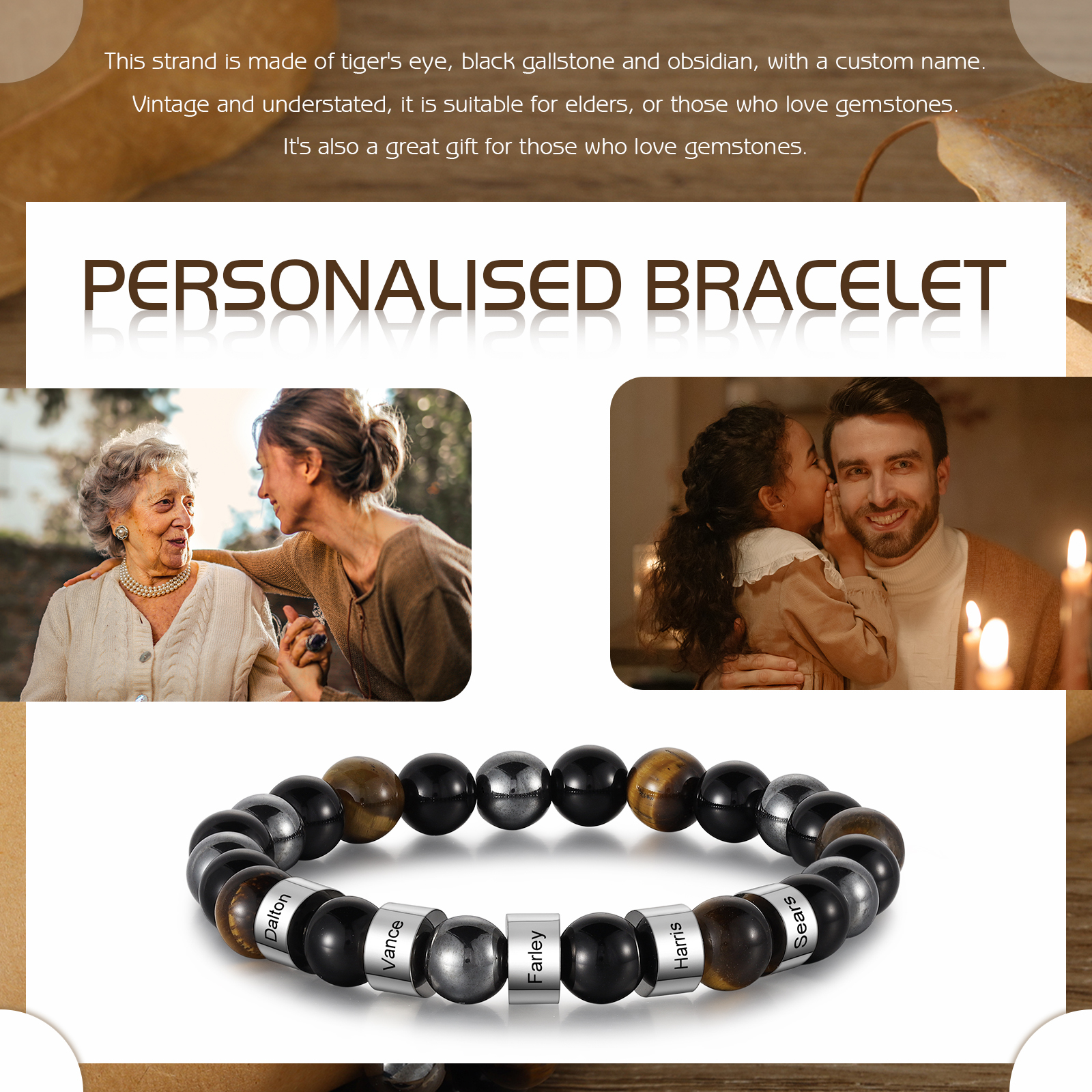 Pulsera de tres tipos de perlas personalizada con 5 nombres para hombre-Jessemade ES