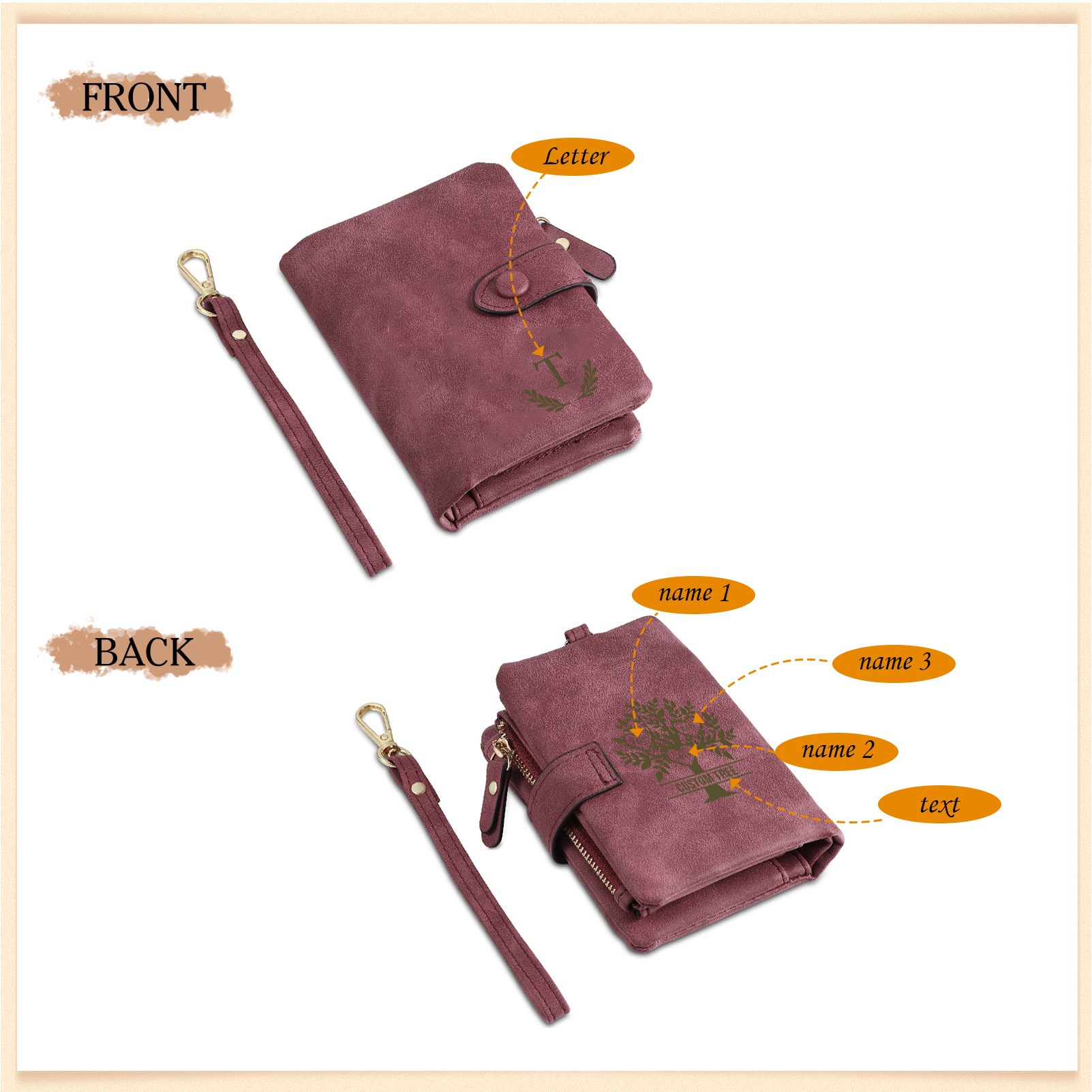 Cartera, billetera con 3-8 nombres, 1 letra y 1 texto personalizados árbol de la vida monedero clásico para mujer-Jessemade ES