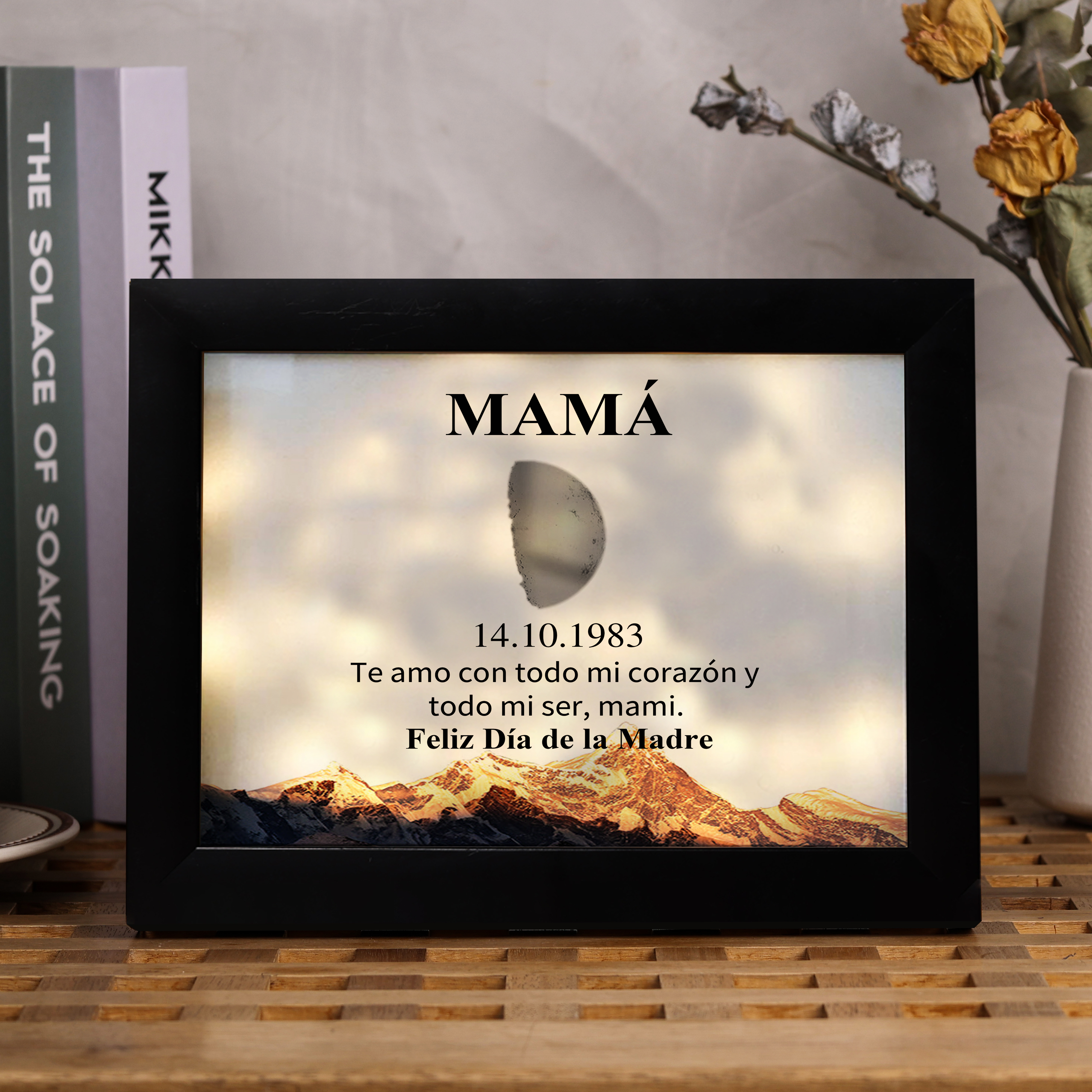 A mi mamá-Marco de luna del día que nació personalizado con fecha y texto con lámpara-Jessemade ES