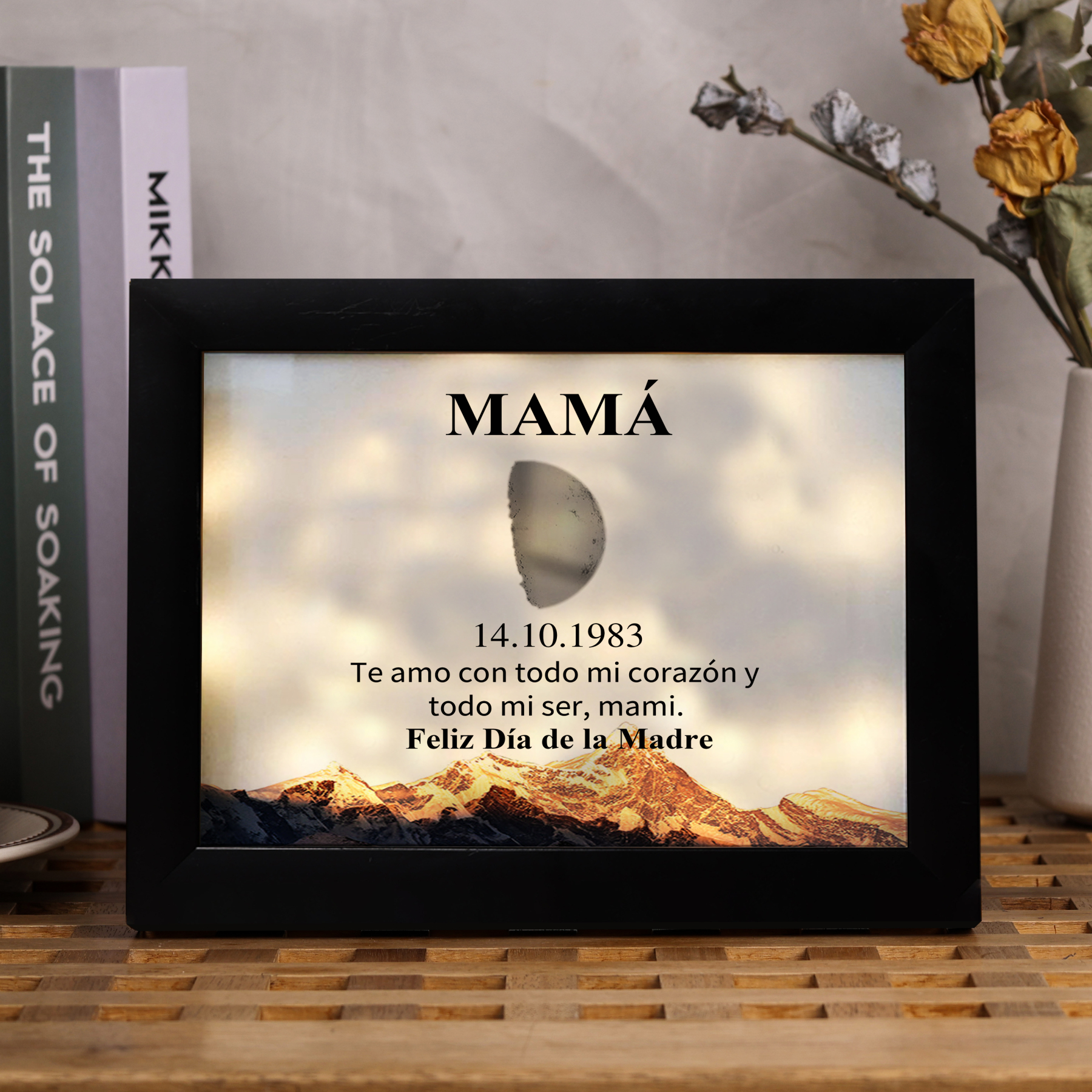 A mi mamá-Marco de luna del día que nació personalizado con fecha y texto con lámpara-Jessemade ES