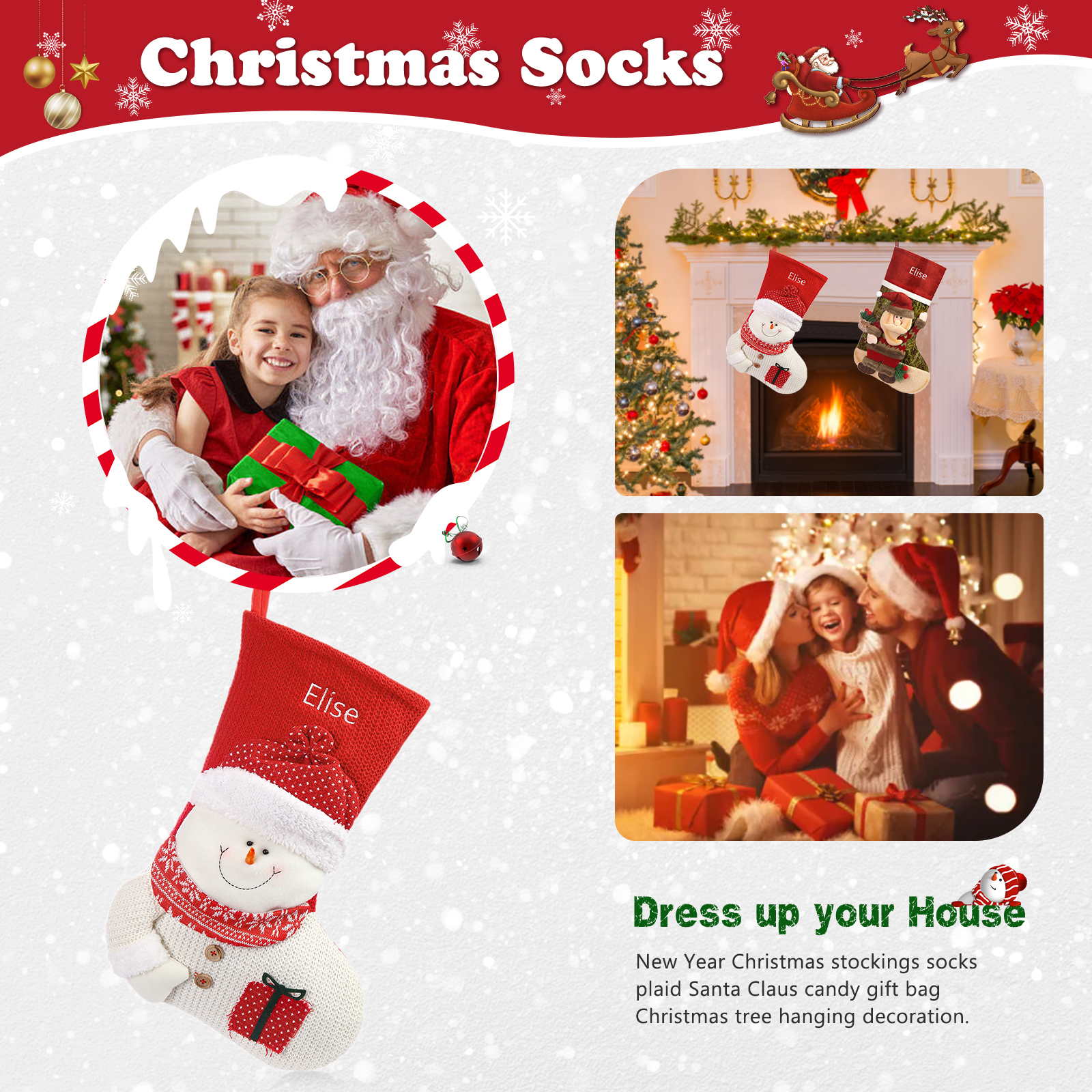 Adornos de medias navideñas con muñeco Bolsa de regalo 1 Nombre personalizado-Jessemade ES