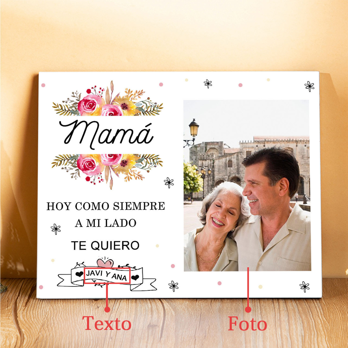 A mi mamá-Lámina marco de madera para mamá personalizado con 1 texto y 1 foto-Jessemade ES