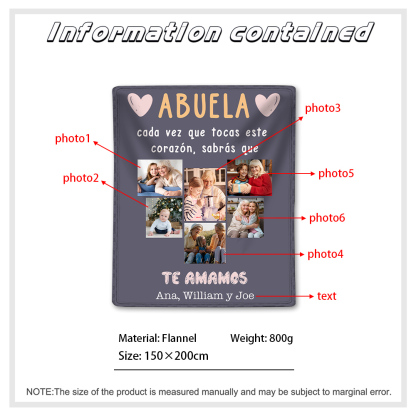 A mi abuela-Manta de buen calidad personalizada con 6 fotos y texto-Jessemade ES
