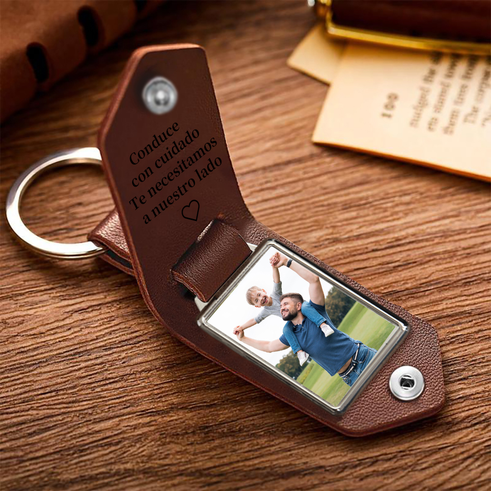 Llavero para papá de cuero personalizado con 1 texto y foto-Jessemade ES