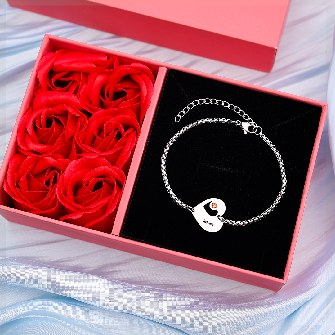 Pulsera de corazón personalizada con 1 nombre y 1 piedra de nacimiento-Jessemade ES