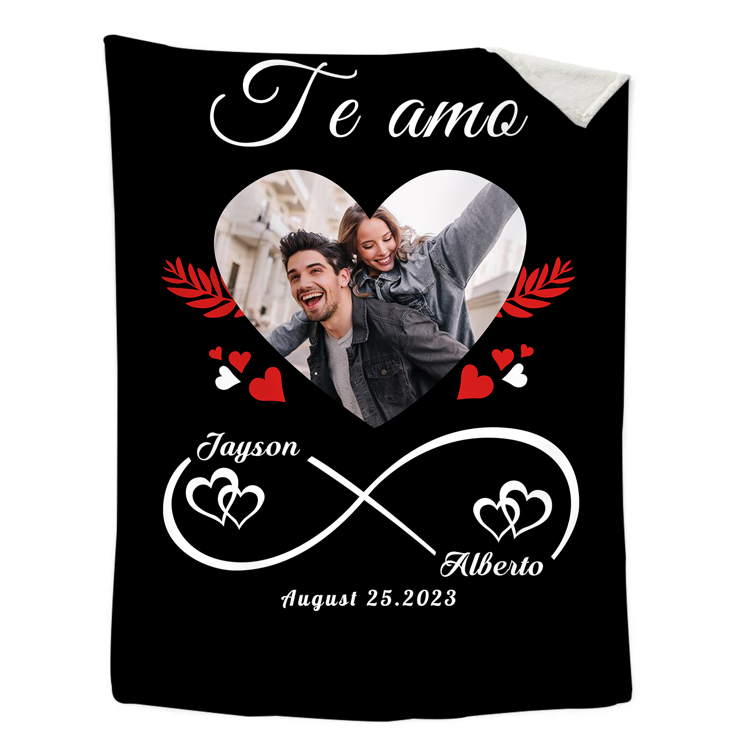 Pareja-Manta de buen calidad de nudo infinito y foto personalizada con nombres y fecha-Jessemade ES